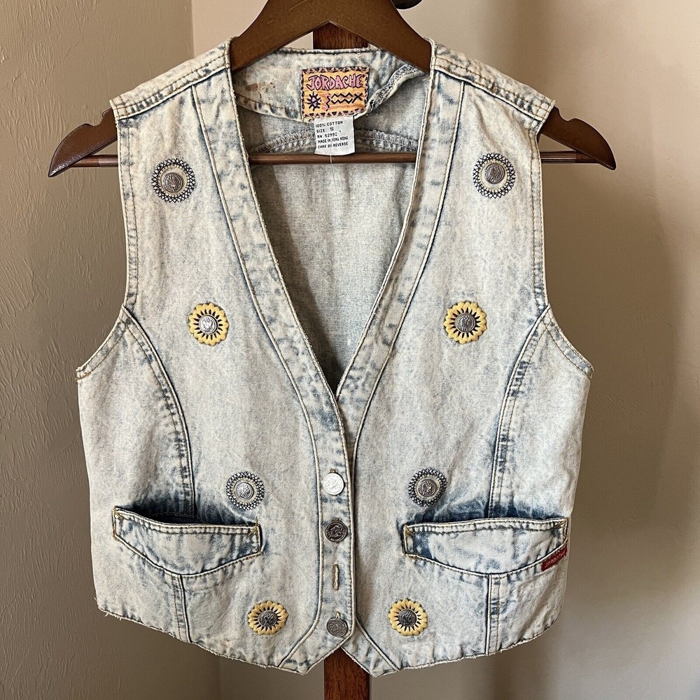 Vtg Women Jordache Denim Jean Vest Small Embroidered Flower Embellished Acid Y2K